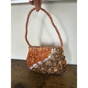 1980s Vintage Coconut and Seashell Purse Shoulder Bag | Mido Brown Boho Handbag